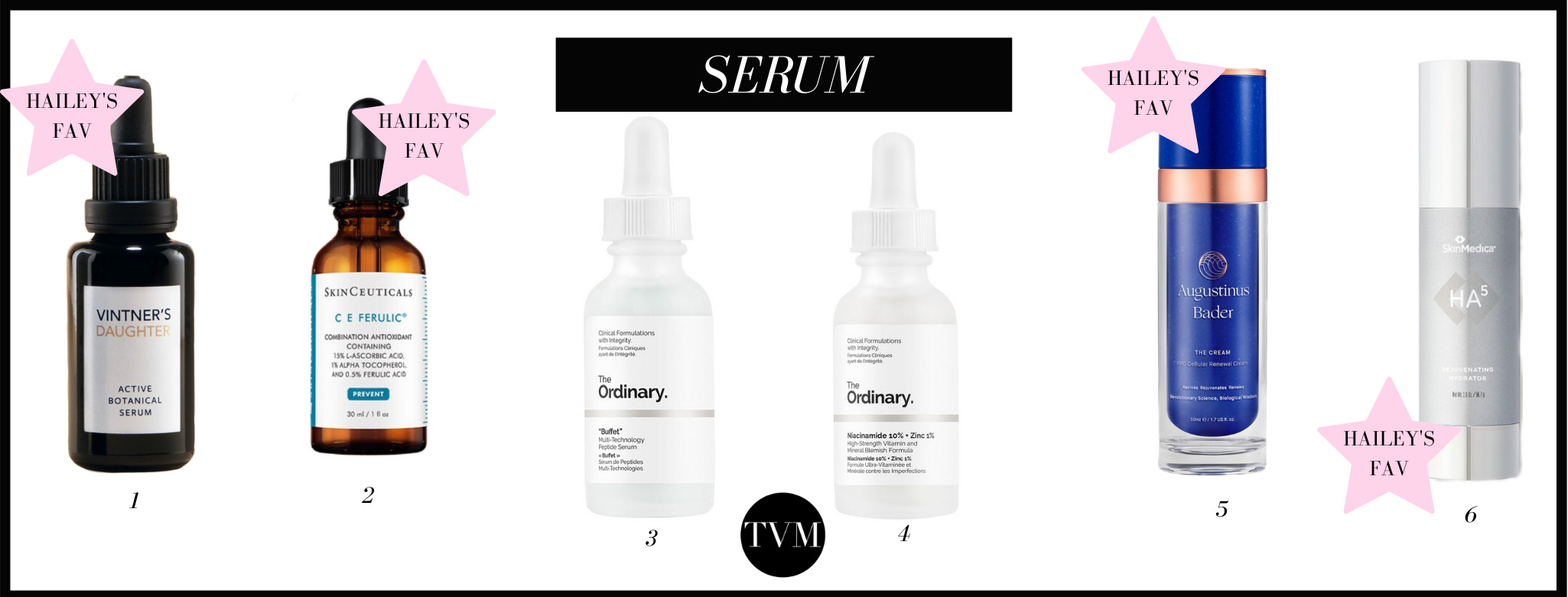 Once that’s been rinsed off, the third step in Hailey Bieber Skincare Routine consists of applying her favourite serums and moisturisers (1, 2, 5 and 6). The components that these serums are the same as these ones from the brand The Ordinary, which is a super good and affordable brand that specializes in serums and acids! Hailey loves moisturising serums with niacinamide, so number 4 is perfect, contains zinc and niacinamide! Buffet serum (3) is also perfect since it combines a mixture of good acids that will make your skin flawless!   After serums, Hailey applies a light layer of moisturiser! Moisturiser is key to a perfect glowy and flawless skin!