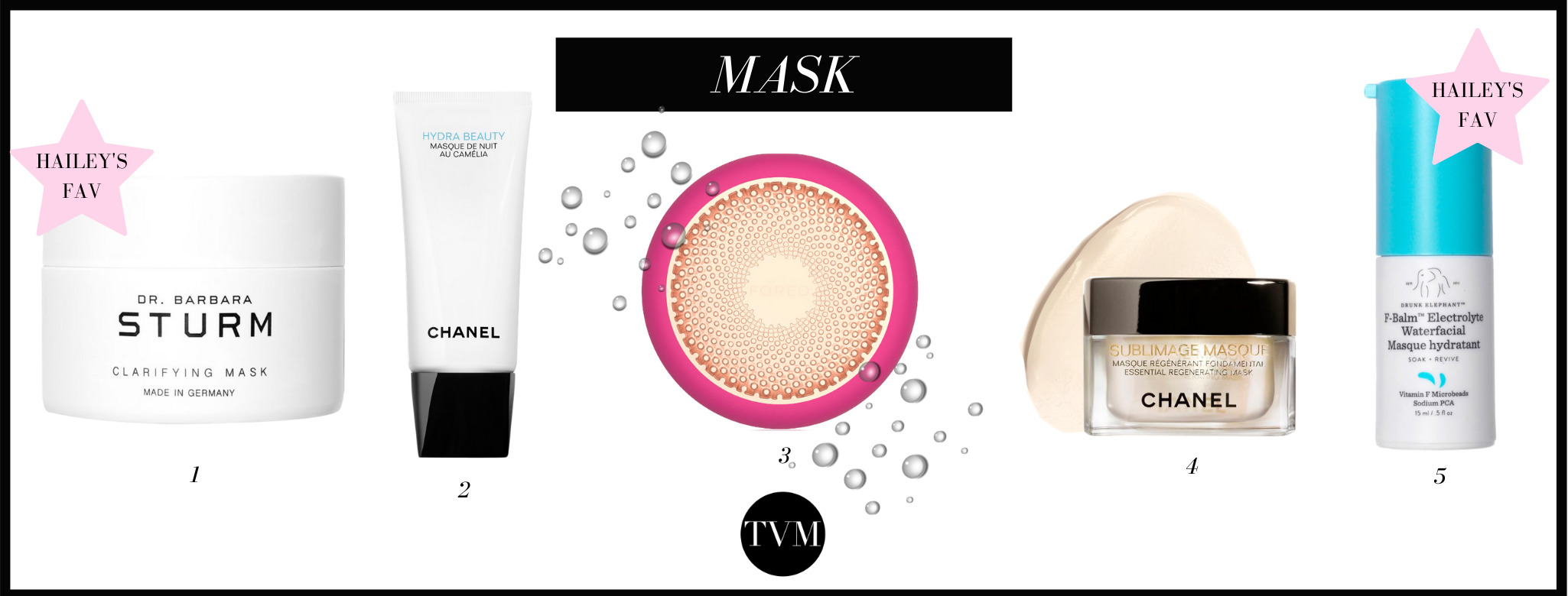With a super clean face, she spends about 10 minutes on a moisturising mask and an under-eye mask. Hailey's favourite masks are both Dr Barbara Sturm clarifying mask (1) and Drunk Elephant F- Balm Electrolyte Waterfacial Masque Hydratant (5).  To give you more options, I recommend the Hydra Beauty Mask of Nut and Camelia from Chanel (2) to moisturise your skin. If you have mature skin I think the Sublimage Masque (4), also from Chanel, is a way to go!  For those tech and efficient women, I highly recommend the  UFO Foreo device (3)! 