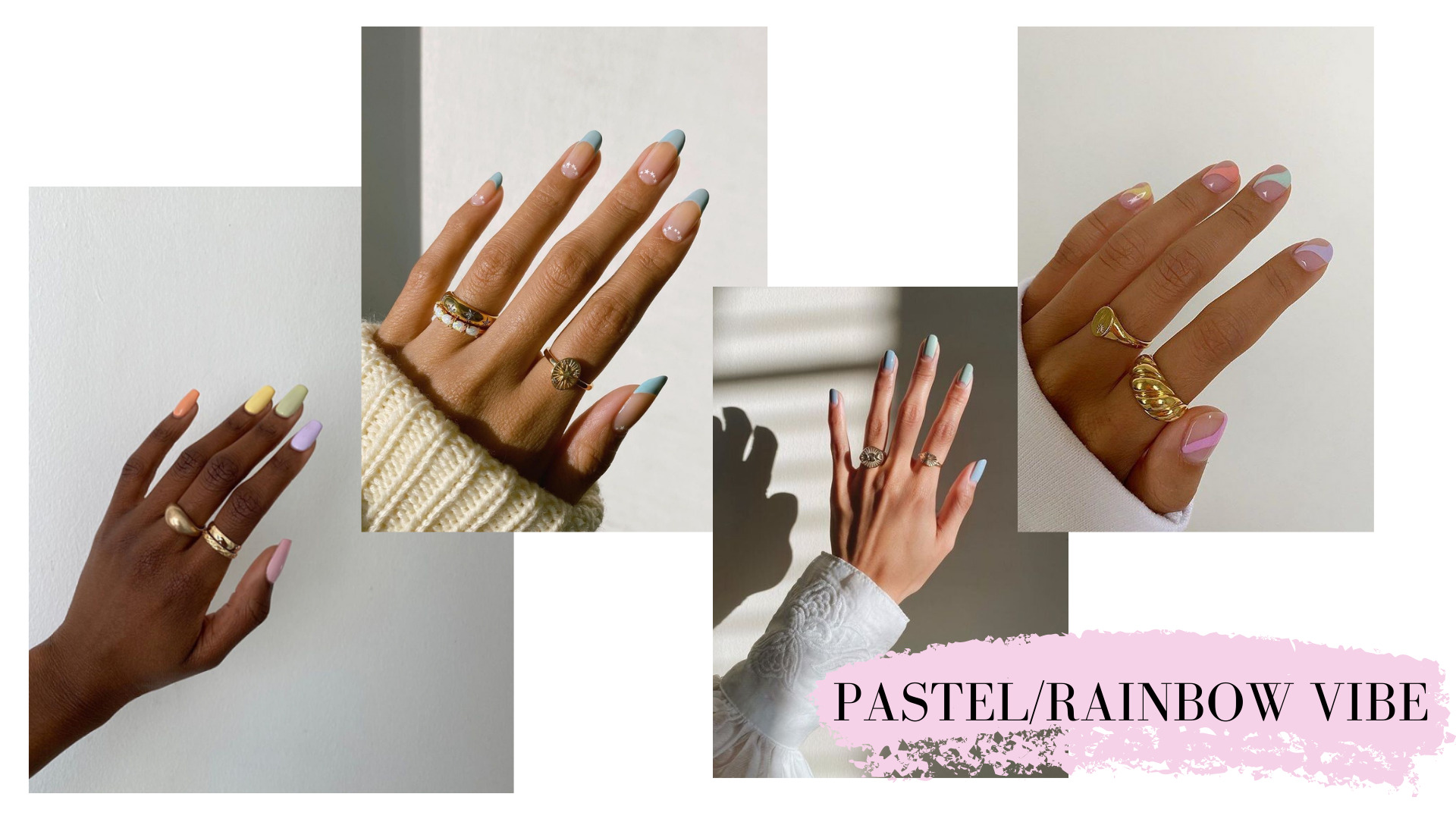 Pastel colours have been an S/S trend for the longest time! They look so nice in these times of the year! I feel like they suit everyone and always looks super cute and put together! You can use this trend by applying the nail polish all over your nails or using it only as a detail! It is also a well-known trend to do imitate a Rainbow on your nails! It's a risky trend. However, it could look fantastic when done correctly! When it comes to the rainbow style I recommend you only use the colours as a detail, as seen in the 4th picture, it looks so stylish! In this case - LESS IS MORE.